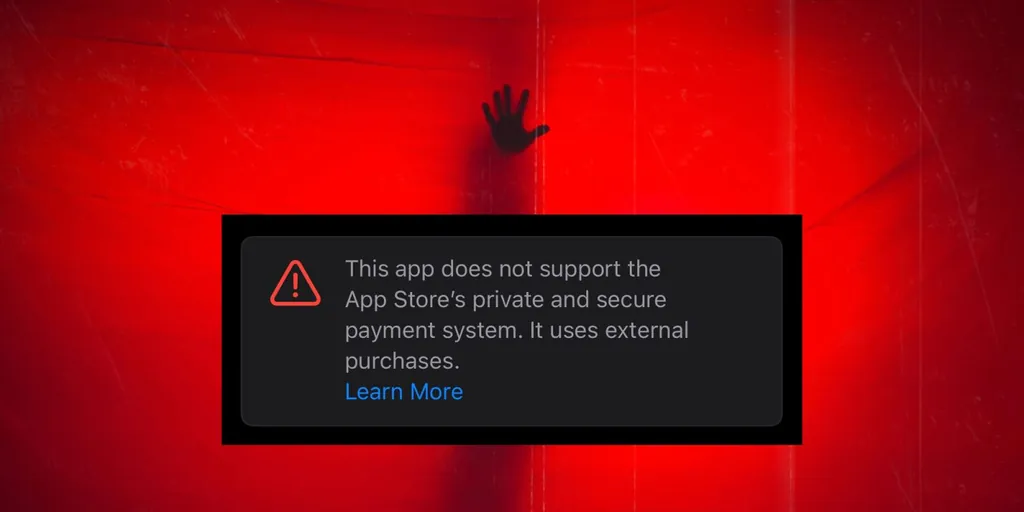 Apple、サードパーティ決済システムで購入されたアプリに不正確な警告を表示 | ドラマチックな赤い背景のスクリーンショット